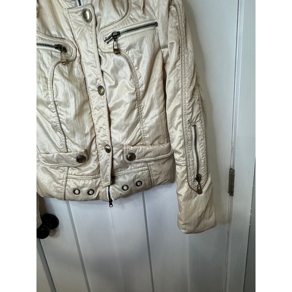 Womens Cream Metallic Hooded Jacket Zip Pockets Moto Style Size M L1.2 - Picture 4 of 10
